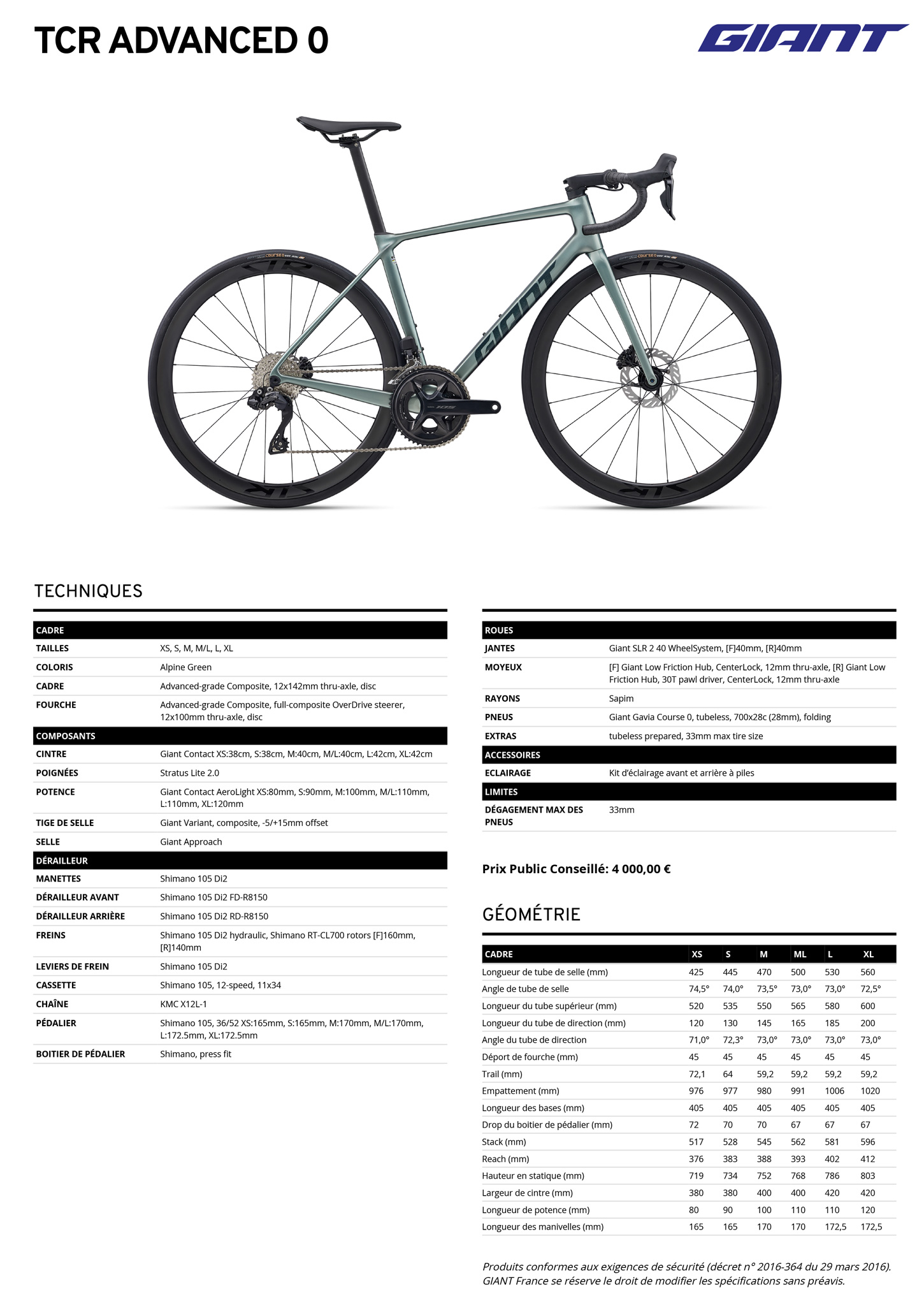 Fiche technique du velo TCR Advanced 0 année 2026